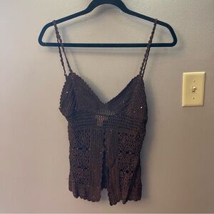 Vintage 90’s/Y2K brown lace sequin crochet tank Top